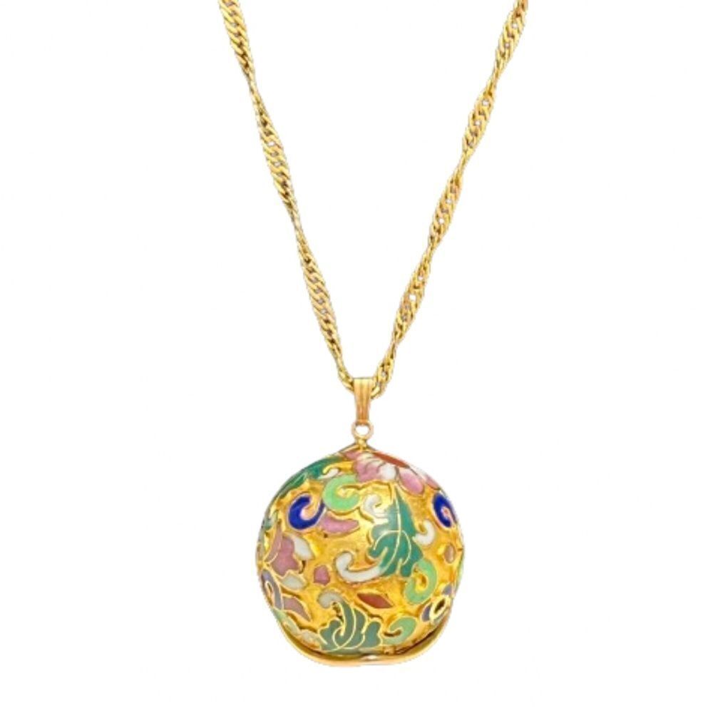 Vintage Cloisonne Gold‎ Plated Caged Floral Design Necklace
